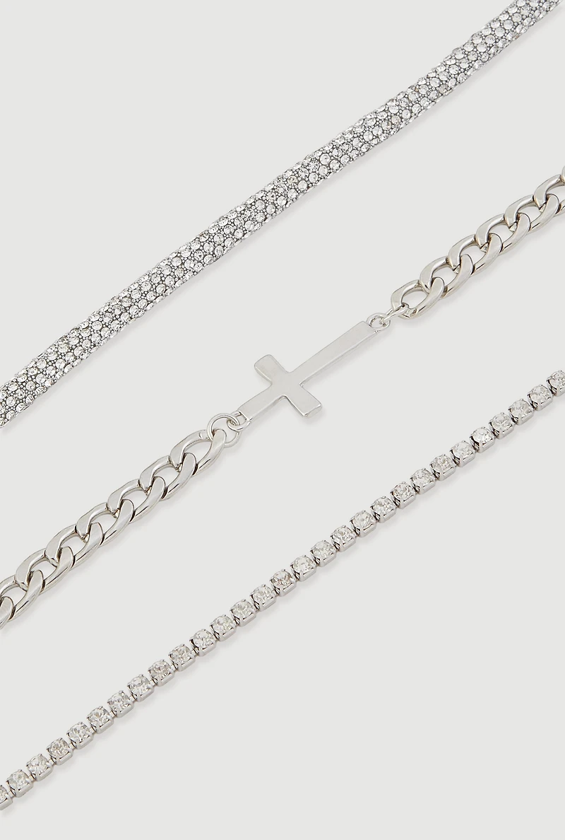 Womens Rhinestone Cross Assorted Metallic Chain Anklets Set of 3, Silver