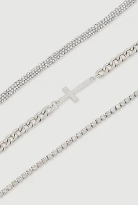 Womens Rhinestone Cross Assorted Metallic Chain Anklets Set of 3, Silver