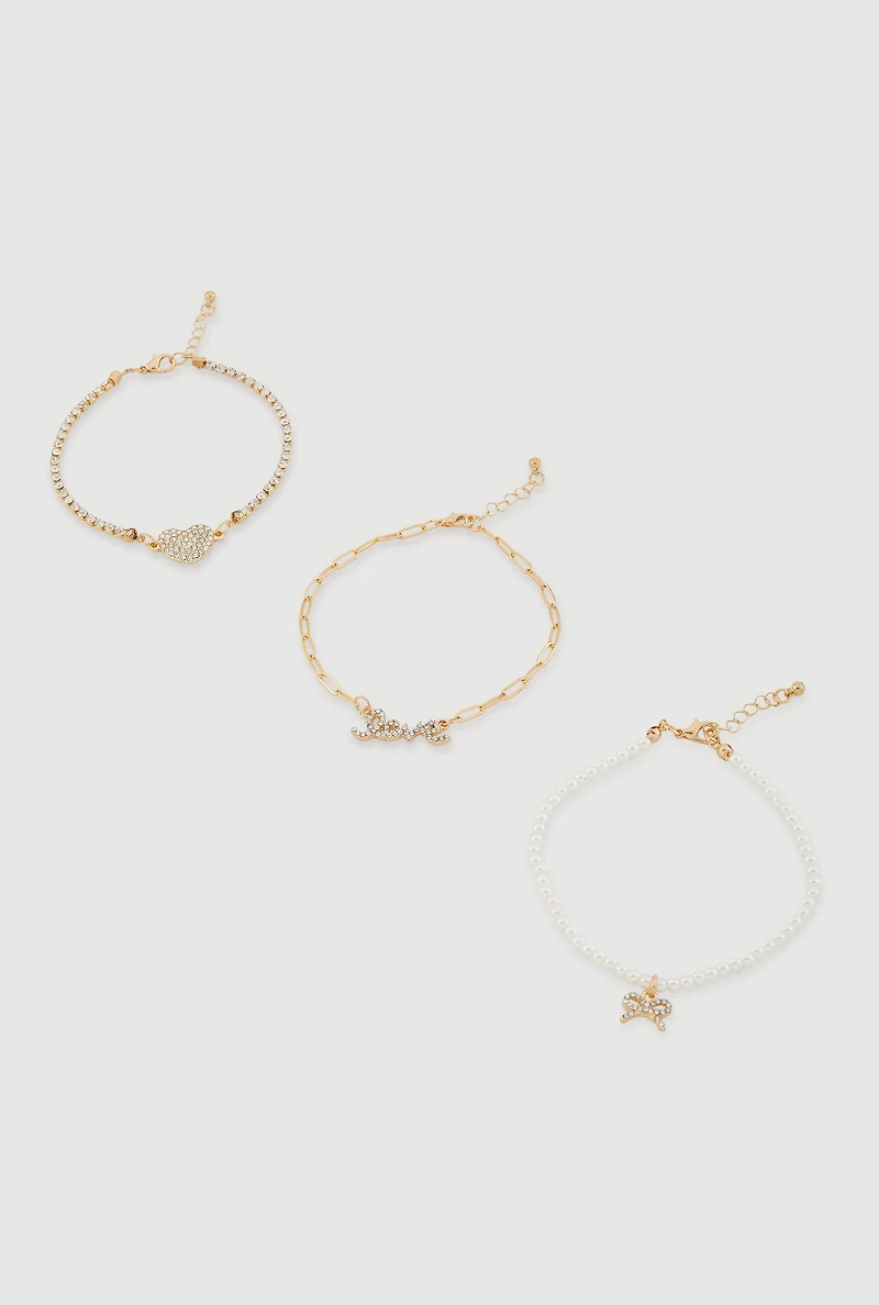 Womens Assorted Rhinestone and Faux Pearl Charmed Anklets Set of 3, Gold