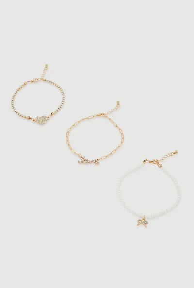 Womens Assorted Rhinestone and Faux Pearl Charmed Anklets Set of 3, Gold