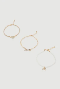 Assorted Rhinestone and Faux Pearl Charmed Anklets Set of 3