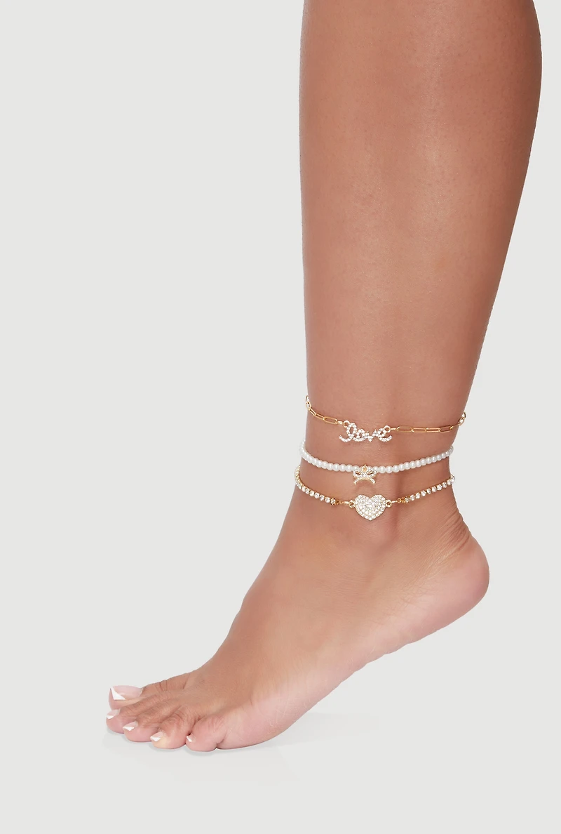 Womens Assorted Rhinestone and Faux Pearl Charmed Anklets Set of 3, Gold