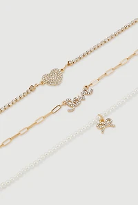 Womens Assorted Rhinestone and Faux Pearl Charmed Anklets Set of 3, Gold