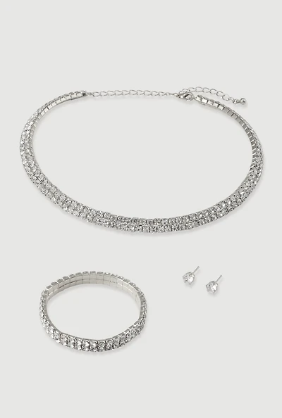 Womens Rhinestone Choker Necklace and Bracelet with Stud Earrings, Silver