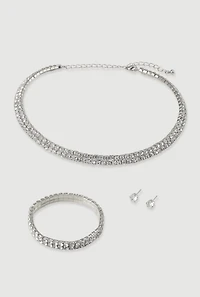 Rhinestone Choker Necklace and Bracelet with Stud Earrings