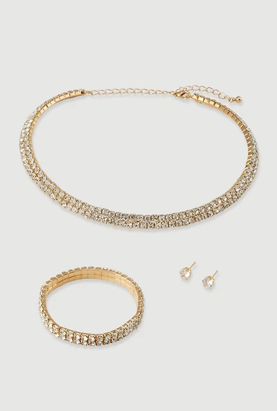 Womens Rhinestone Choker Necklace and Bracelet with Stud Earrings, Gold