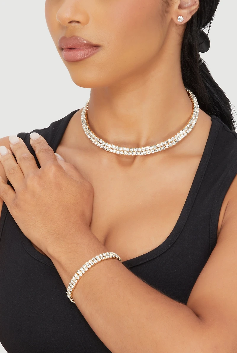 Womens Rhinestone Choker Necklace and Bracelet with Stud Earrings, Gold