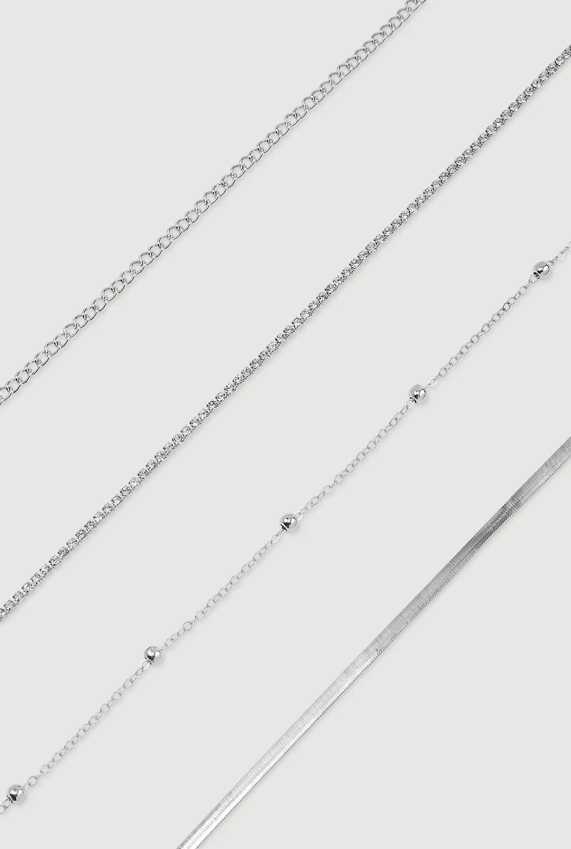 Womens Assorted Rhinestone Metallic Anklets Set of 4, Silver
