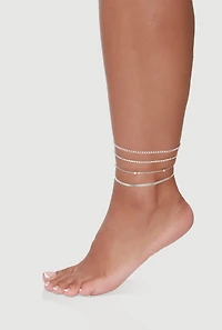 Womens Assorted Rhinestone Metallic Anklets Set of 4, Silver