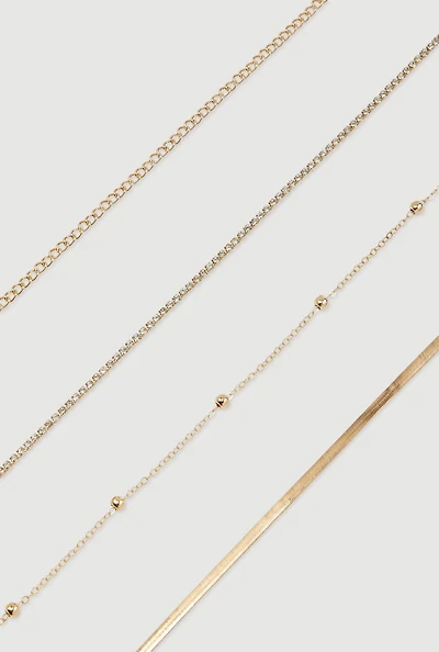 Womens Assorted Rhinestone Metallic Anklets Set of 4, Gold