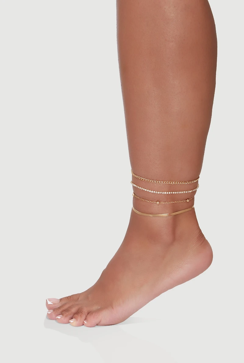 Womens Assorted Rhinestone Metallic Anklets Set of 4, Gold