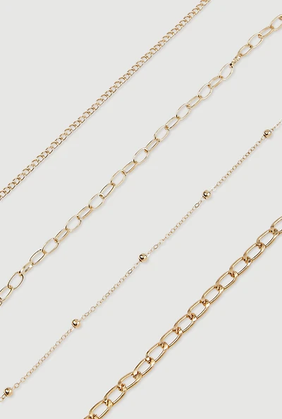 Womens Metallic Chain Anklets Set of 4, Gold