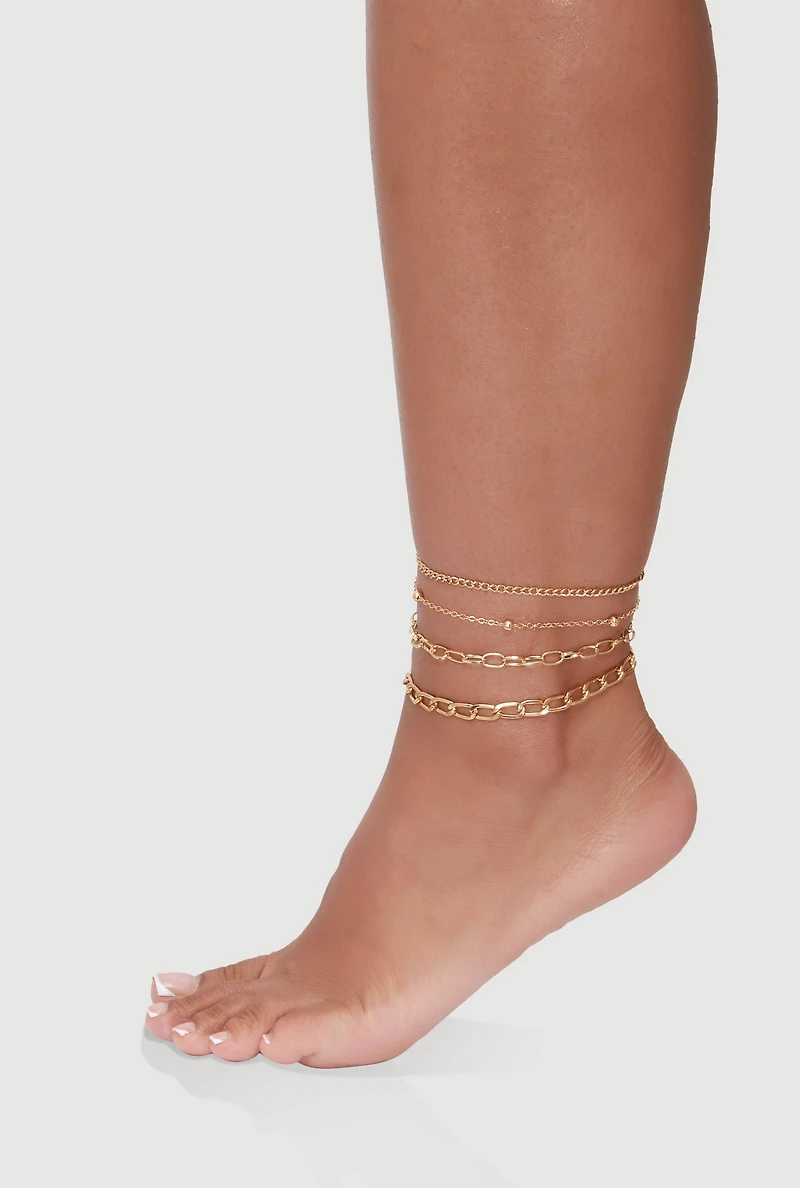 Womens Metallic Chain Anklets Set of 4, Gold