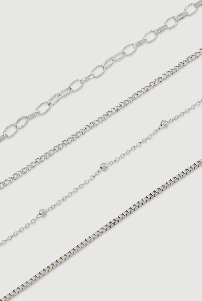 Womens Assorted Metallic Chain Anklets Set of 4, Silver