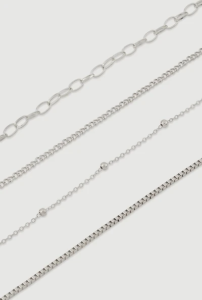 Womens Assorted Metallic Chain Anklets Set of 4, Silver