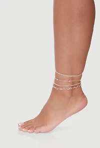 Womens Assorted Metallic Chain Anklets Set of 4, Silver