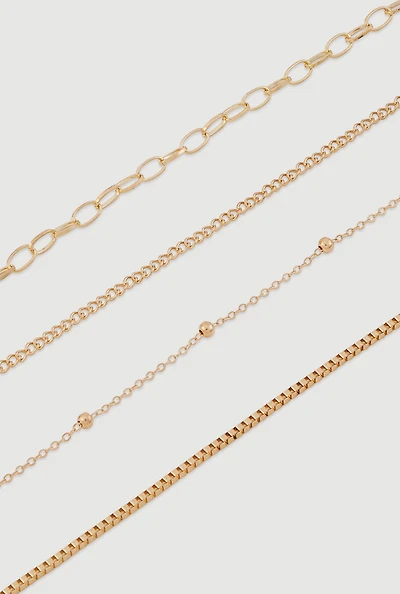 Womens Assorted Metallic Chain Anklets Set of 4, Gold