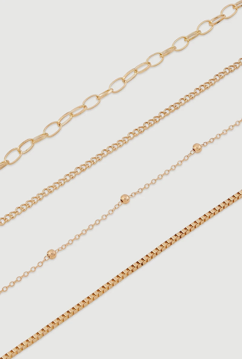 Womens Assorted Metallic Chain Anklets Set of 4, Gold