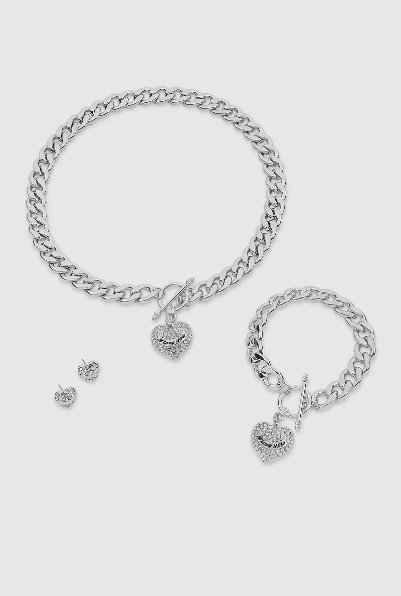 Womens Rhinestone Heart Toggle Charm Necklace with Bracelet and Earrings, Silver