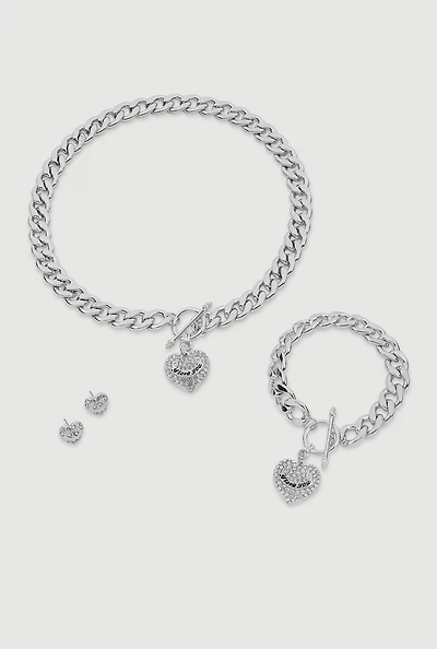 Womens Rhinestone Heart Toggle Charm Necklace with Bracelet and Earrings, Silver
