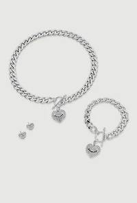 Womens Rhinestone Heart Toggle Charm Necklace with Bracelet and Earrings, Silver