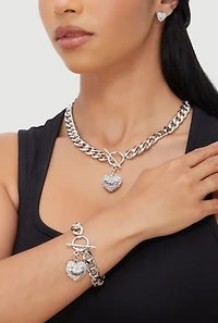 Womens Rhinestone Heart Toggle Charm Necklace with Bracelet and Earrings, Silver