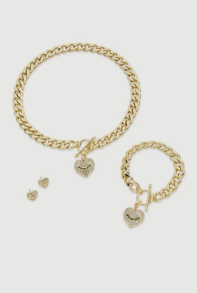 Womens Rhinestone Heart Toggle Charm Necklace with Bracelet and Earrings, Gold