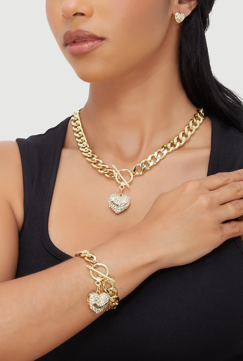 Womens Rhinestone Heart Toggle Charm Necklace with Bracelet and Earrings, Gold