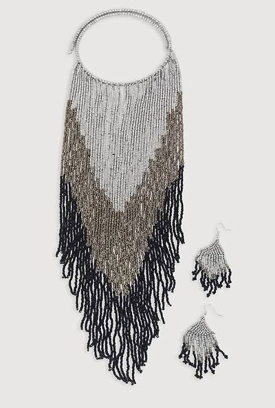 Chevron Beaded Fringe Drop Earrings and Necklace Set