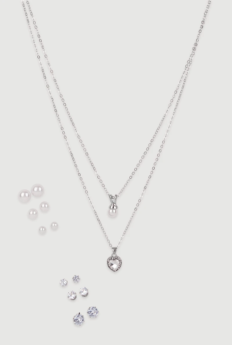 Womens Cubic Zirconia Charm Layered Necklace with Stud Earrings, Gold