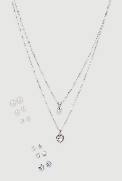 Womens Cubic Zirconia Charm Layered Necklace with Stud Earrings, Gold