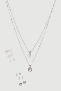 Womens Cubic Zirconia Charm Layered Necklace with Stud Earrings, Gold