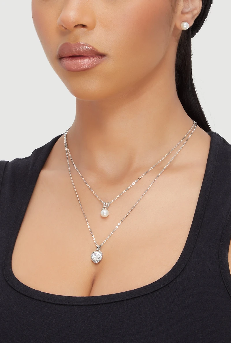 Womens Cubic Zirconia Charm Layered Necklace with Stud Earrings, Gold