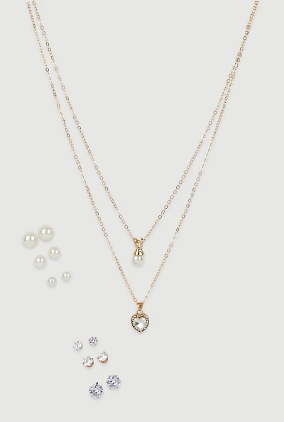 Cubic Zirconia Charm Layered Necklace with Stud Earrings