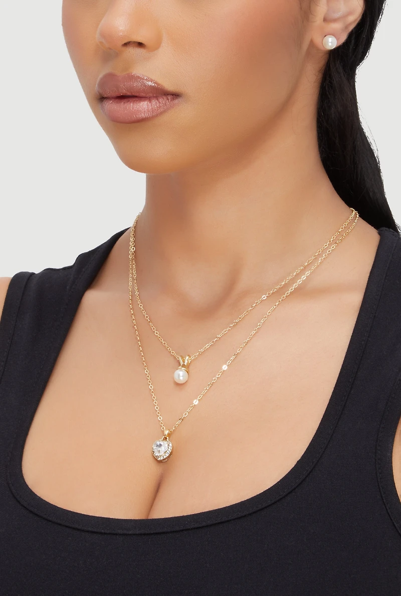 Womens Cubic Zirconia Charm Layered Necklace with Stud Earrings, Gold