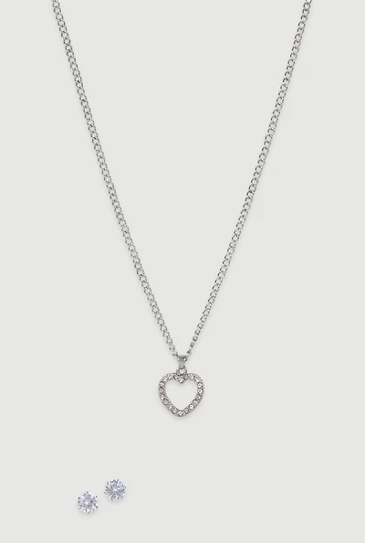 Womens Cubic Zirconia Heart Charm Necklace and Stud Earrings Set, Silver