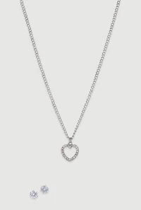 Womens Cubic Zirconia Heart Charm Necklace and Stud Earrings Set, Silver