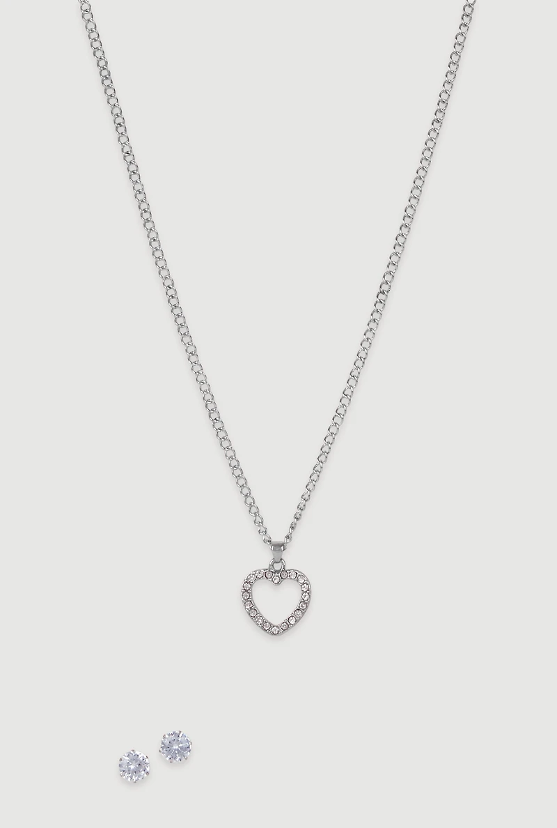 Womens Cubic Zirconia Heart Charm Necklace and Stud Earrings Set, Silver