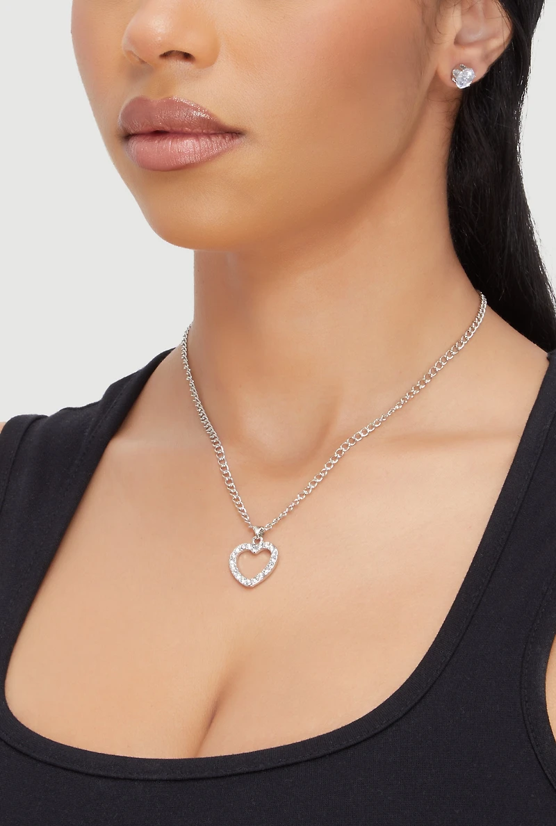 Womens Cubic Zirconia Heart Charm Necklace and Stud Earrings Set, Silver