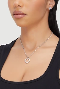 Womens Cubic Zirconia Heart Charm Necklace and Stud Earrings Set, Silver