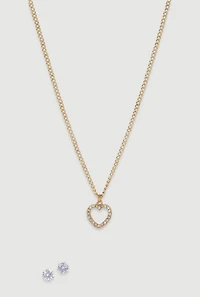 Womens Cubic Zirconia Heart Charm Necklace and Stud Earrings Set, Gold