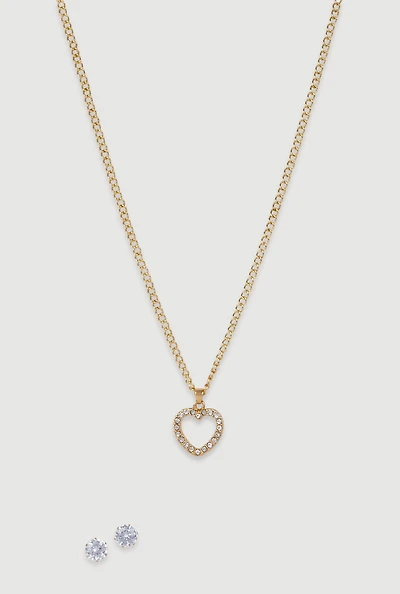 Womens Cubic Zirconia Heart Charm Necklace and Stud Earrings Set, Gold