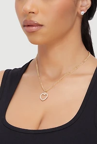 Womens Cubic Zirconia Heart Charm Necklace and Stud Earrings Set, Gold