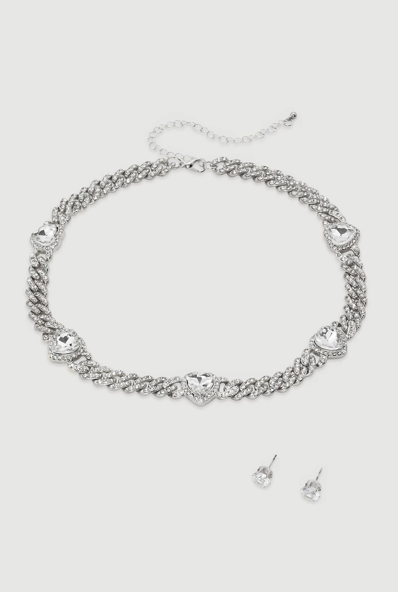 Womens Cubic Zirconia Heart Rhinestone Chain Necklace with Earrings, Silver