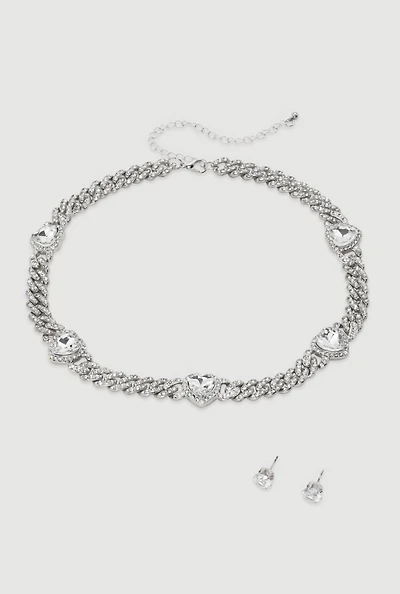 Womens Cubic Zirconia Heart Rhinestone Chain Necklace with Earrings, Silver