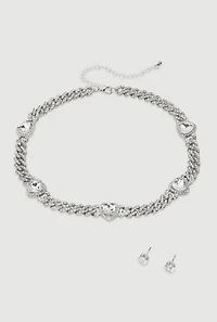 Womens Cubic Zirconia Heart Rhinestone Chain Necklace with Earrings, Silver