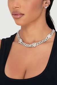 Womens Cubic Zirconia Heart Rhinestone Chain Necklace with Earrings, Silver