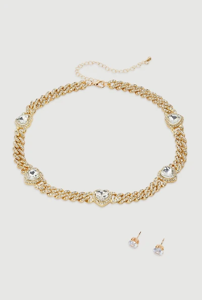 Womens Cubic Zirconia Heart Rhinestone Chain Necklace with Earrings, Gold