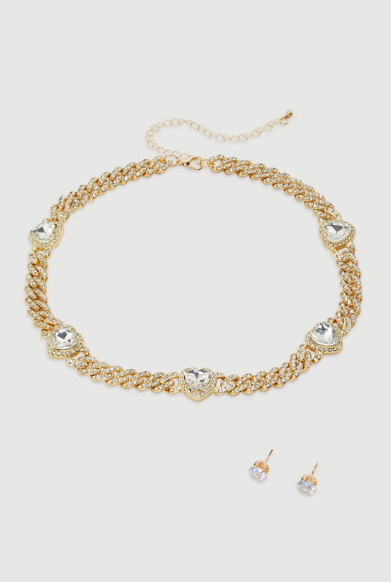 Womens Cubic Zirconia Heart Rhinestone Chain Necklace with Earrings, Gold