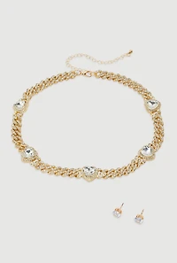 Womens Cubic Zirconia Heart Rhinestone Chain Necklace with Earrings, Gold